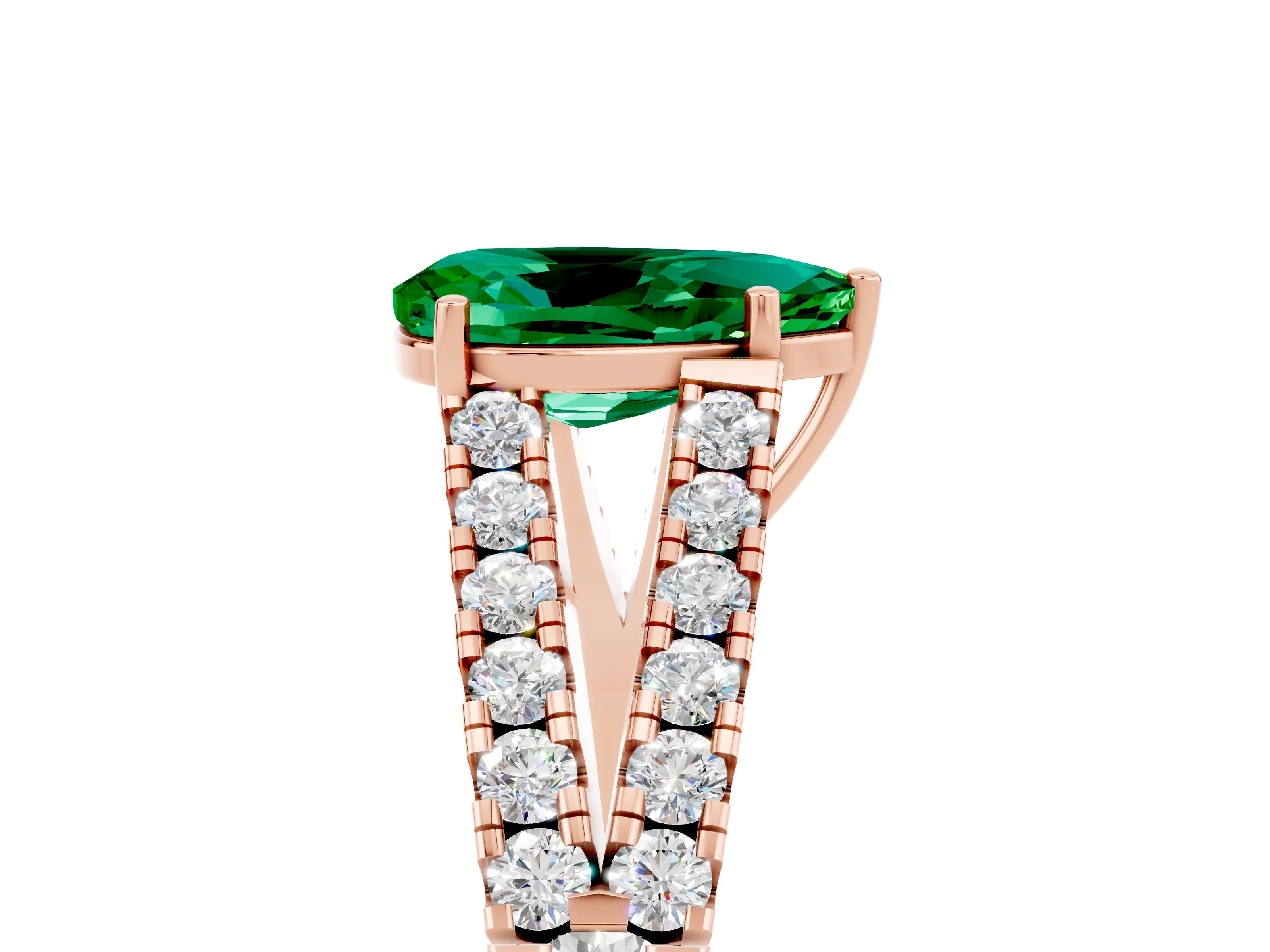 Rose gold Pear Cut Emerald Split Shank Pavé Engagement Ring with Four-Prong Setting_17