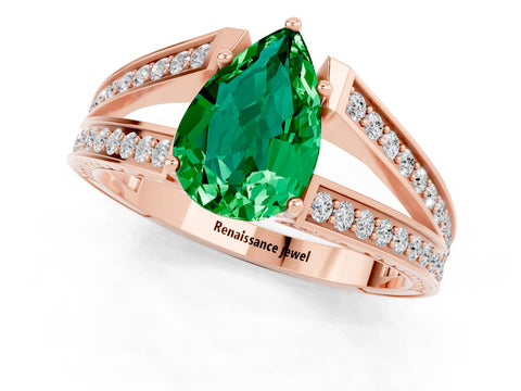 Rose gold Pear Cut Emerald Split Shank Ring with Pavé Band and Four-Prong Setting_1