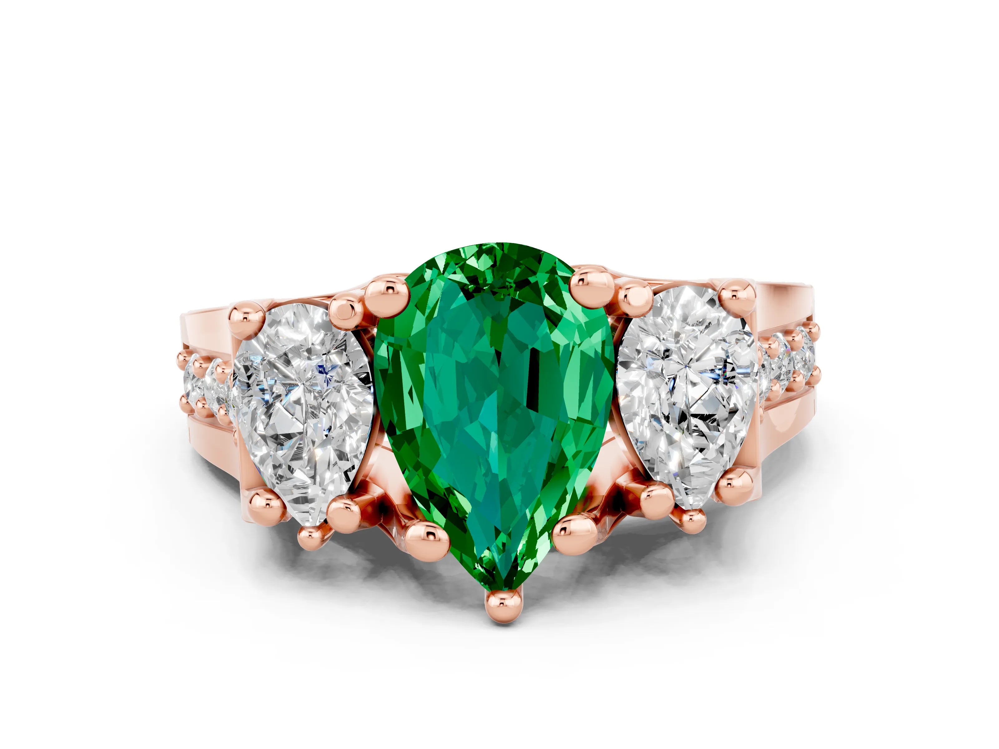 Rose gold Pear Cut Emerald Three-Stone Ring with Channel Set Band and Four-Prong Setting