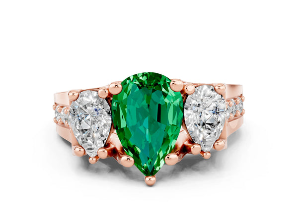 Rose gold Pear Cut Emerald Three-Stone Ring with Channel Set Band and Four-Prong Setting