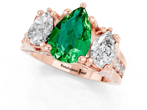 Rose gold Pear Cut Emerald Three-Stone Ring with Channel Set Band and Four-Prong Setting