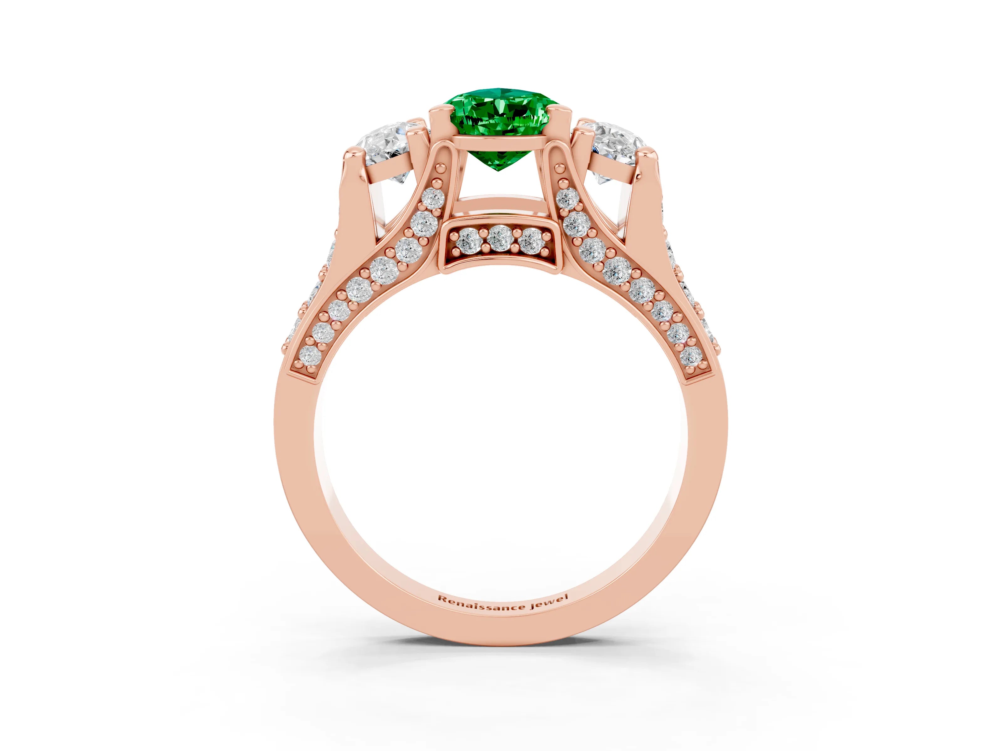Rose gold Pear Cut Emerald Three-Stone Ring with Channel Set Band and Four-Prong Setting_3
