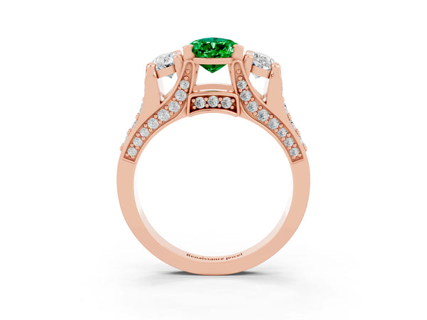 Rose gold Pear Cut Emerald Three-Stone Ring with Channel Set Band and Four-Prong Setting