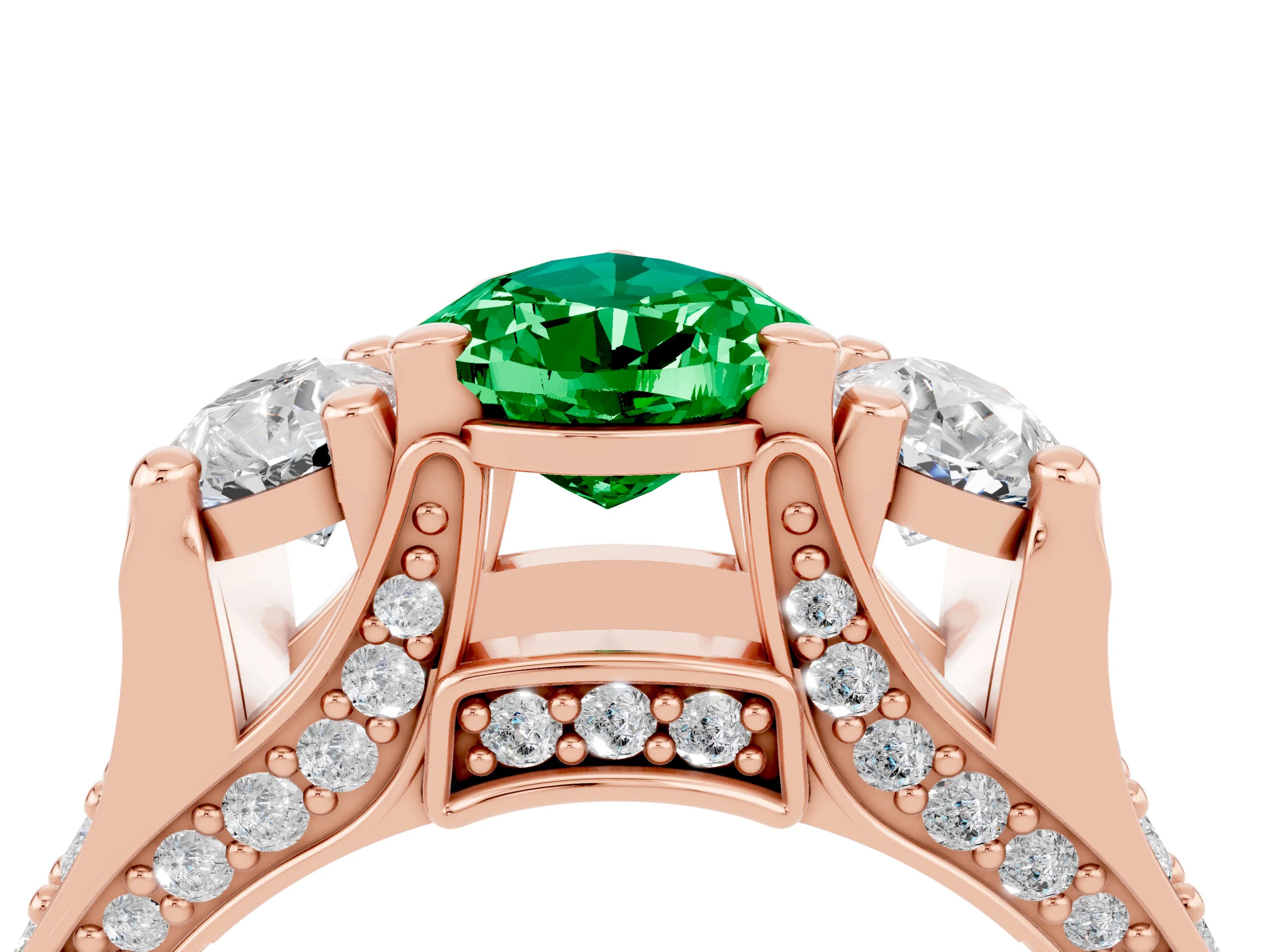 Rose gold Pear Cut Emerald Three-Stone Ring with Channel Set Band and Four-Prong Setting_4