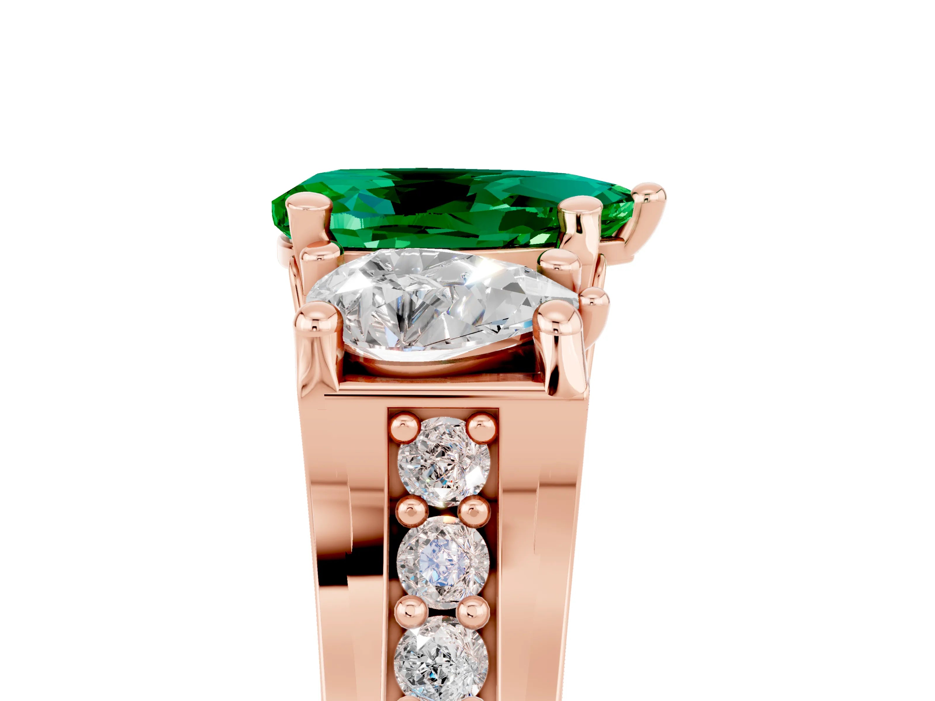 Rose gold Pear Cut Emerald Three-Stone Ring with Channel Set Band and Four-Prong Setting_5