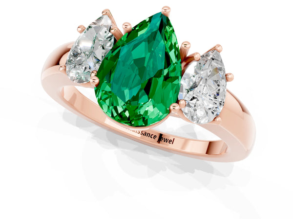 Rose gold Pear Cut Emerald Three-Stone Ring with Four-Prong Setting and Classic Band