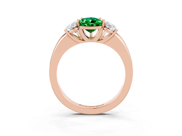 Rose gold Pear Cut Emerald Three-Stone Ring with Four-Prong Setting and Classic Band