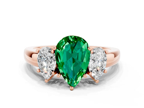 Rose gold Pear Cut Emerald Three-Stone Ring with Four-Prong Setting and Classic Band