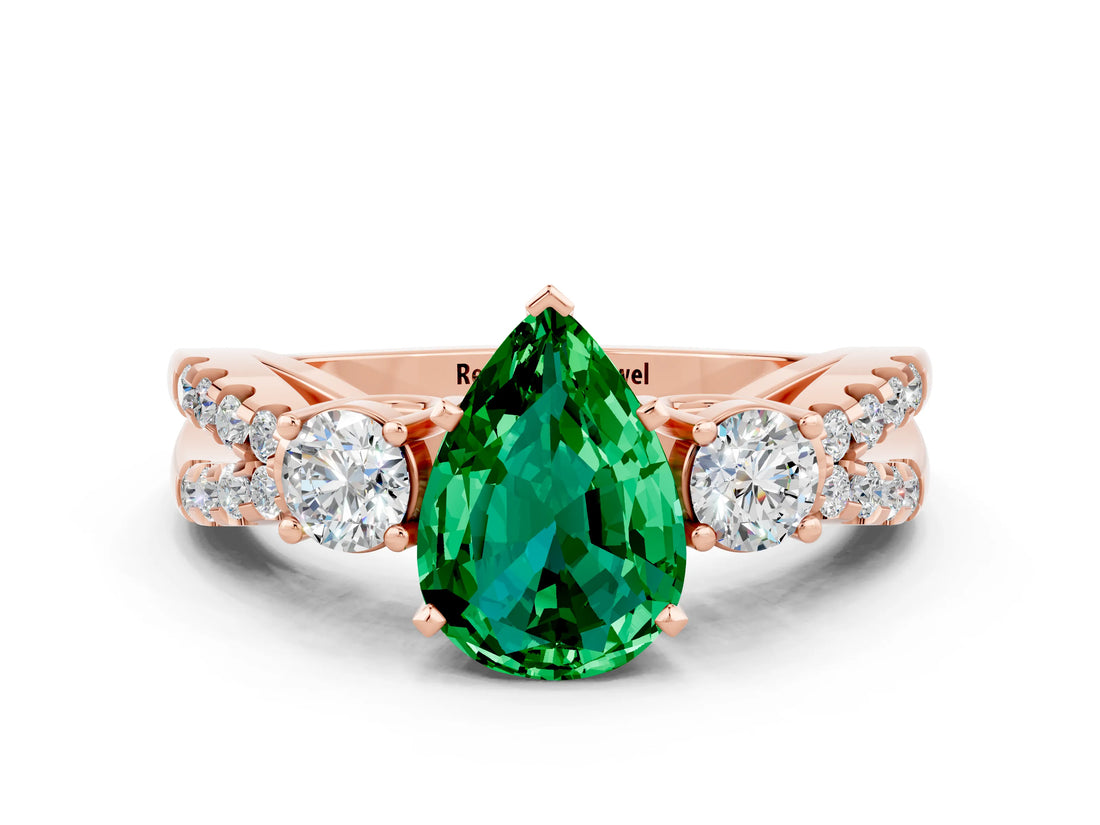 Rose gold Pear Cut Emerald Three-Stone Ring with Pavé Split Shank and Four-Prong Setting_12