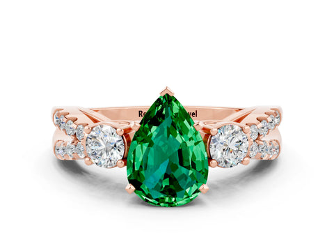 Rose gold Pear Cut Emerald Three-Stone Ring with Pavé Split Shank and Four-Prong Setting_12