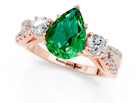 Rose gold Pear Cut Emerald Three-Stone Ring with Pavé Split Shank and Four-Prong Setting_13