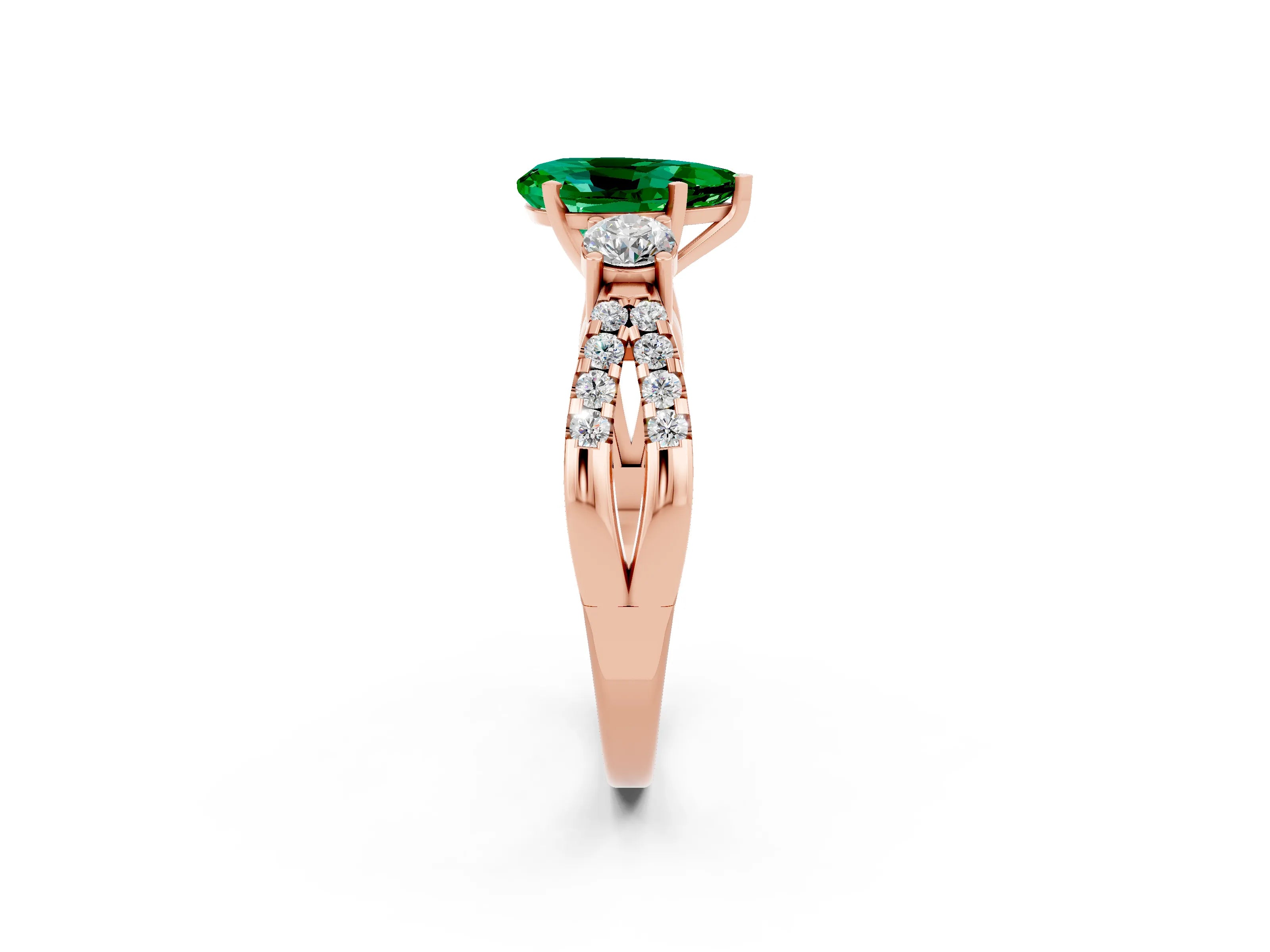Rose gold Pear Cut Emerald Three-Stone Ring with Pavé Split Shank and Four-Prong Setting_14