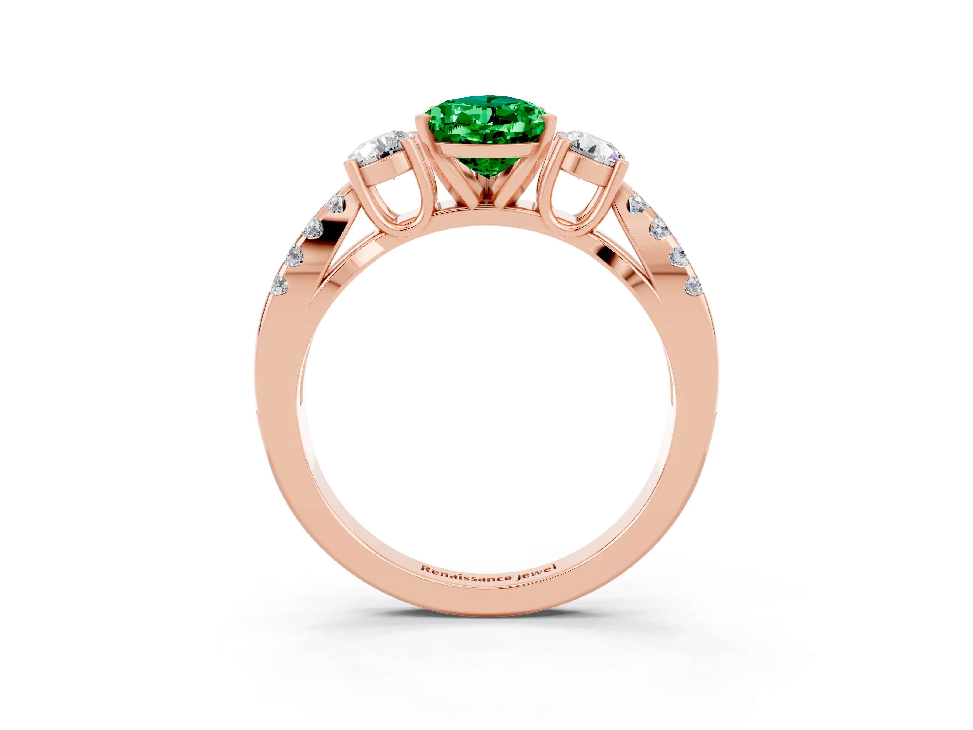 Rose gold Pear Cut Emerald Three-Stone Ring with Pavé Split Shank and Four-Prong Setting_15