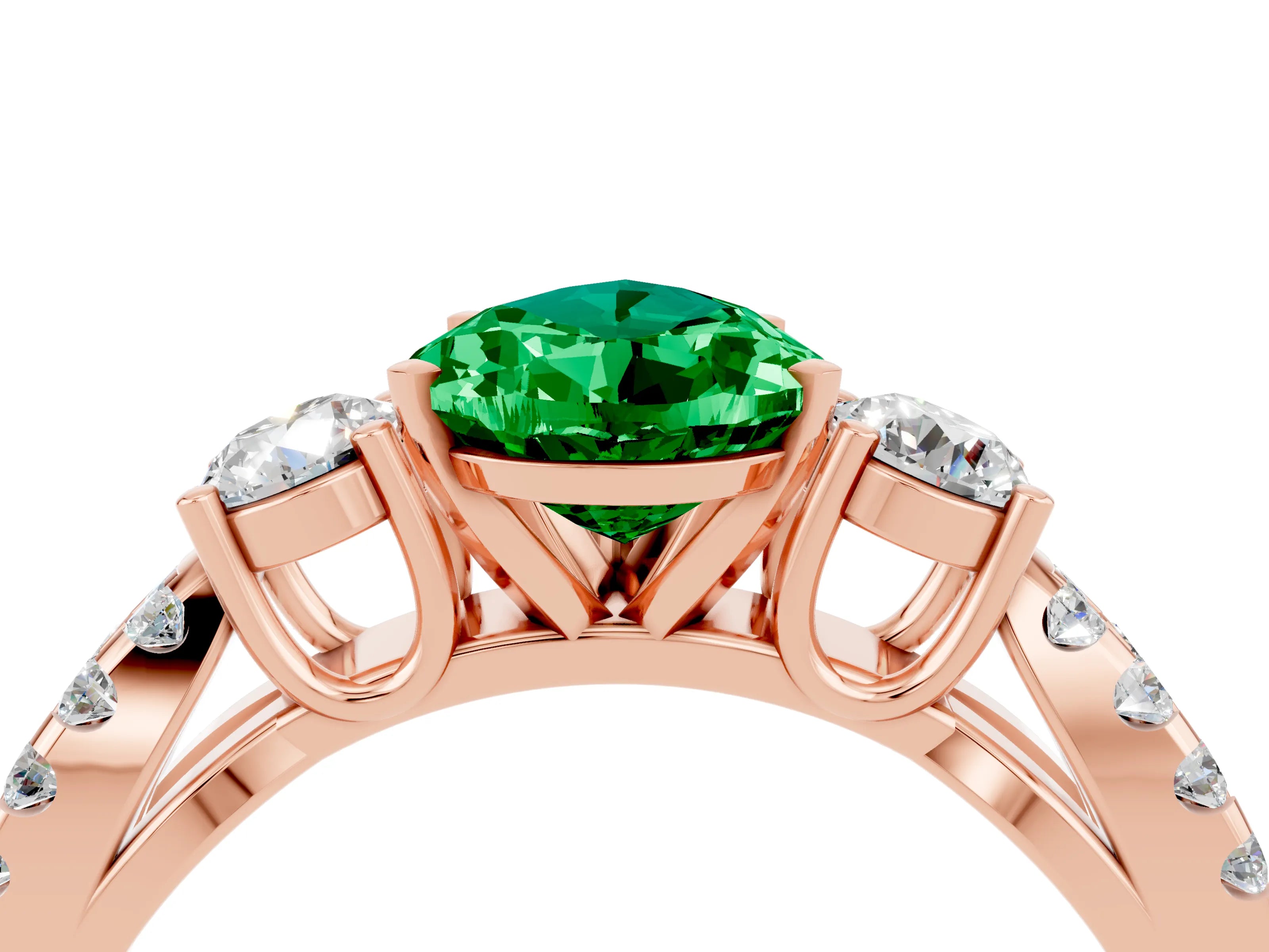 Rose gold Pear Cut Emerald Three-Stone Ring with Pavé Split Shank and Four-Prong Setting_16