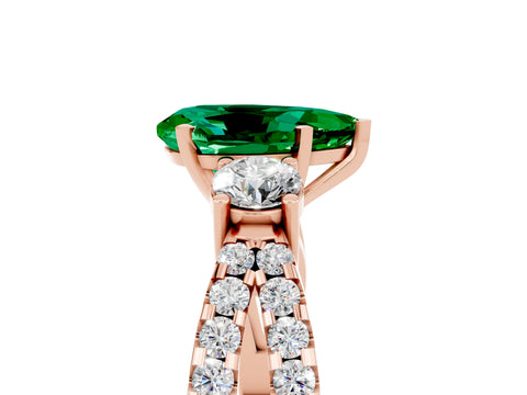 Rose gold Pear Cut Emerald Three-Stone Ring with Pavé Split Shank and Four-Prong Setting_17
