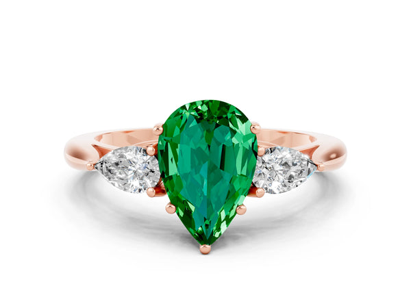 Rose gold Pear Cut Emerald Three-Stone Ring with Pear  Side Stones and Prong Setting