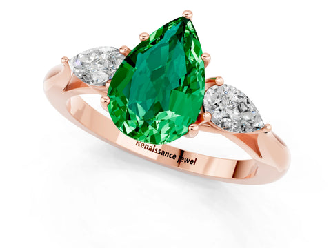 Rose gold Pear Cut Emerald Three-Stone Ring with Pear Side Stones and Four-Prong Setting_13