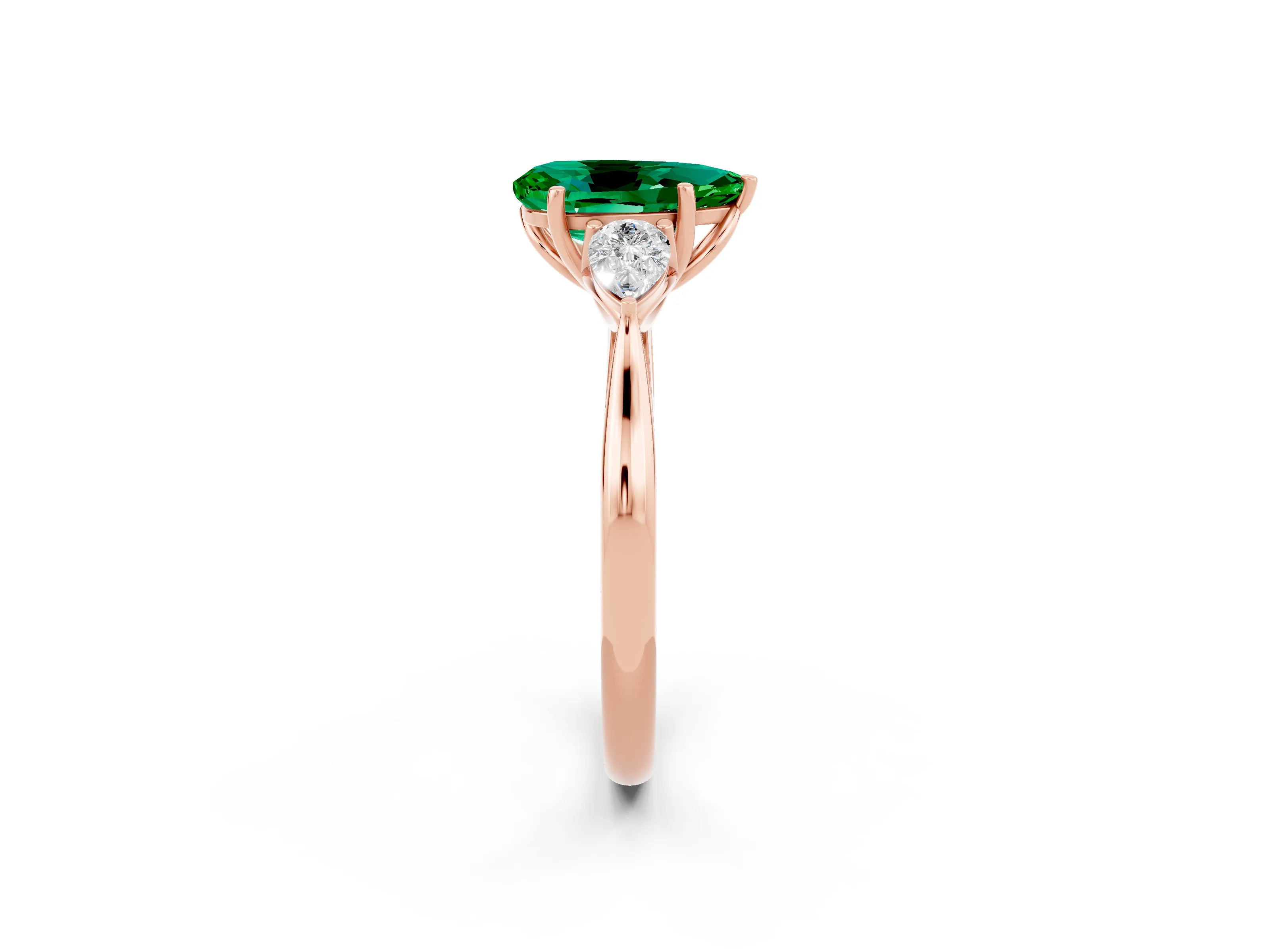 Rose gold Pear Cut Emerald Three-Stone Ring with Pear Side Stones and Four-Prong Setting_14