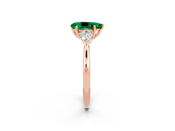 Rose gold Pear Cut Emerald Three-Stone Ring with Pear  Side Stones and Prong Setting
