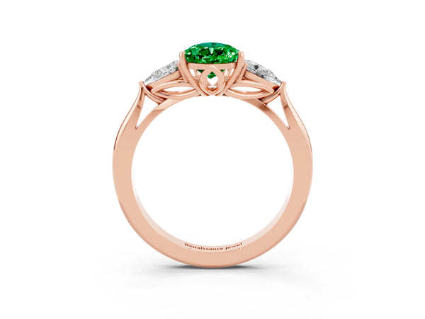 Rose gold Pear Cut Emerald Three-Stone Ring with Pear  Side Stones and Prong Setting