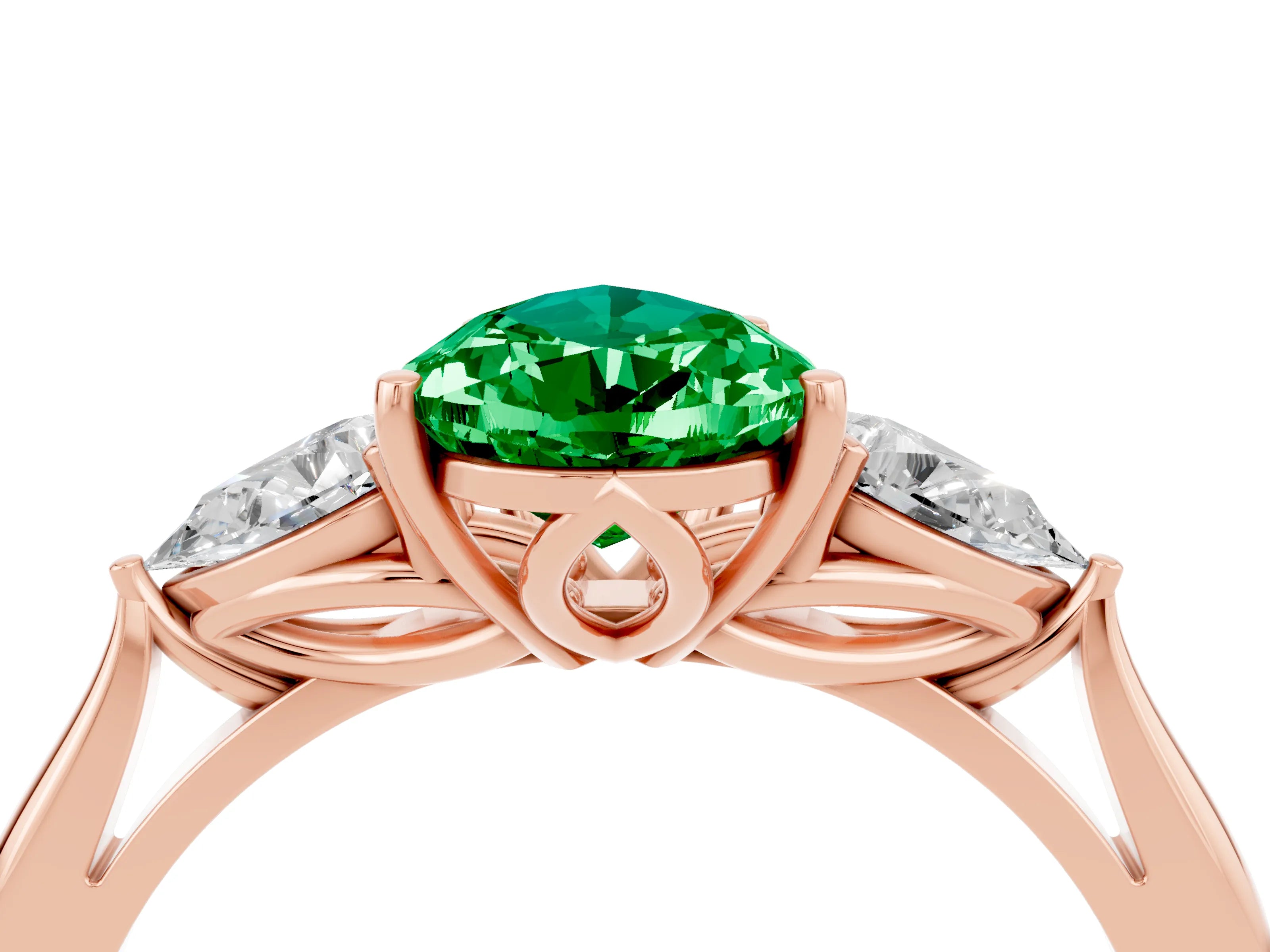 Rose gold Pear Cut Emerald Three-Stone Ring with Pear Side Stones and Four-Prong Setting_16
