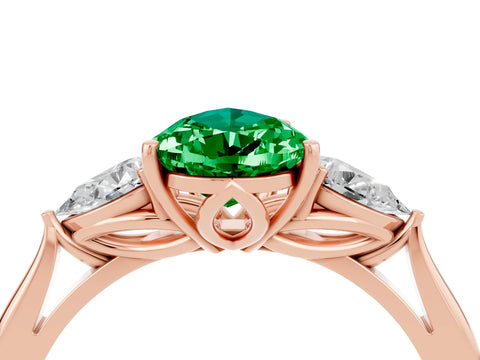 Rose gold Pear Cut Emerald Three-Stone Ring with Pear Side Stones and Four-Prong Setting_16