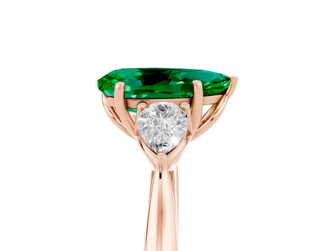 Rose gold Pear Cut Emerald Three-Stone Ring with Pear Side Stones and Four-Prong Setting_17