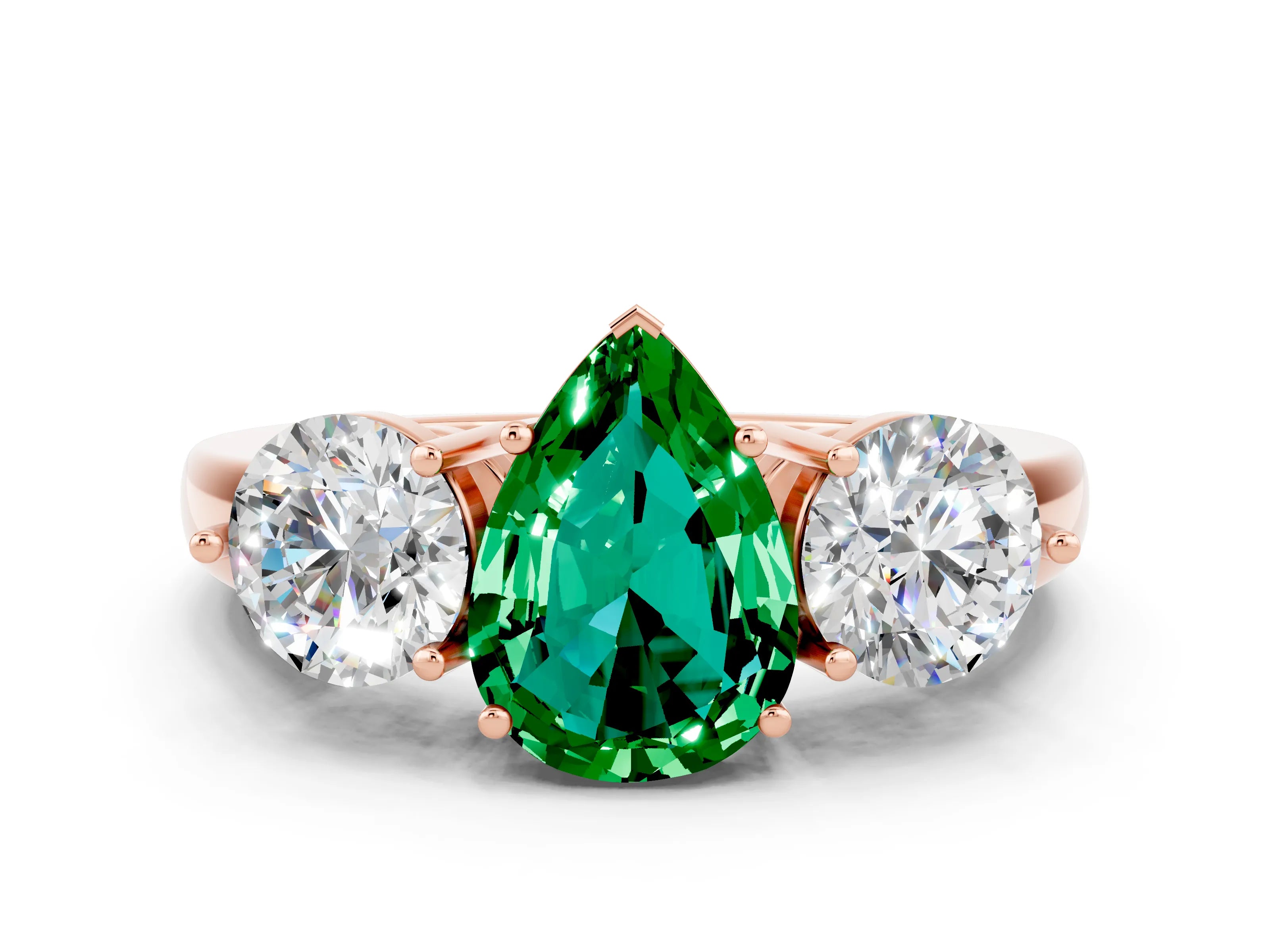 Rose gold Pear Cut Emerald Three-Stone Ring with Prong Setting and Classic Band