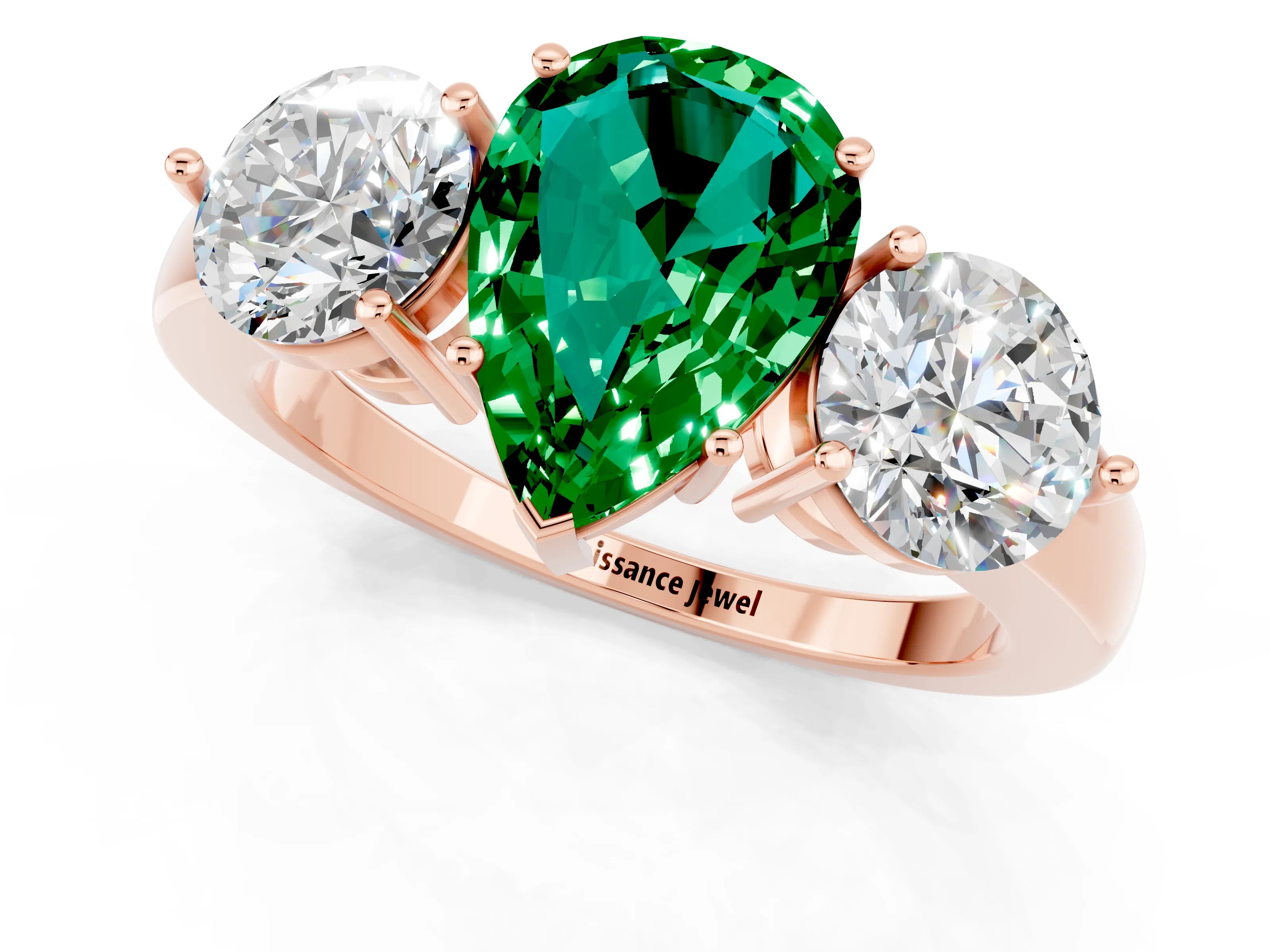 Rose gold Pear Cut Emerald Three-Stone Ring with Prong Setting and Classic Band_1