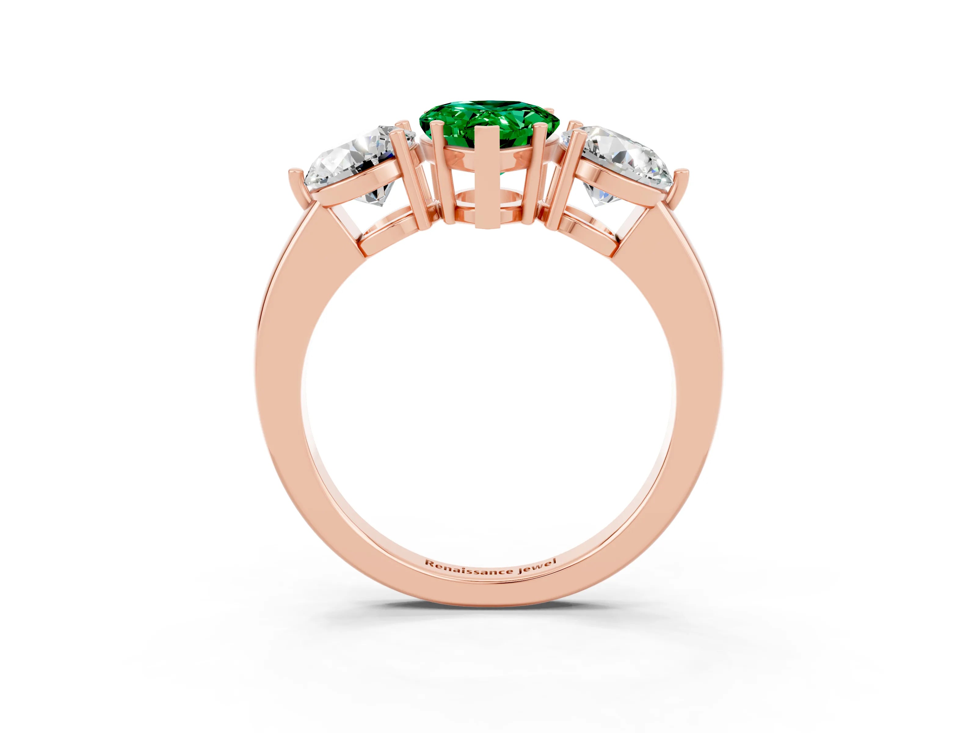 Rose gold Pear Cut Emerald Three-Stone Ring with Prong Setting and Classic Band_3