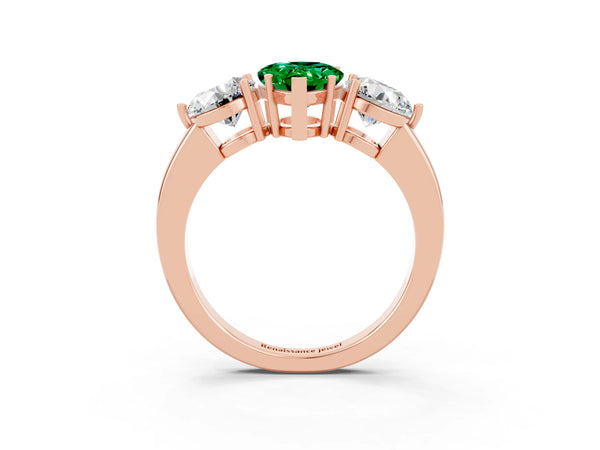 Rose gold Pear Cut Emerald Three-Stone Ring with Prong Setting and Classic Band