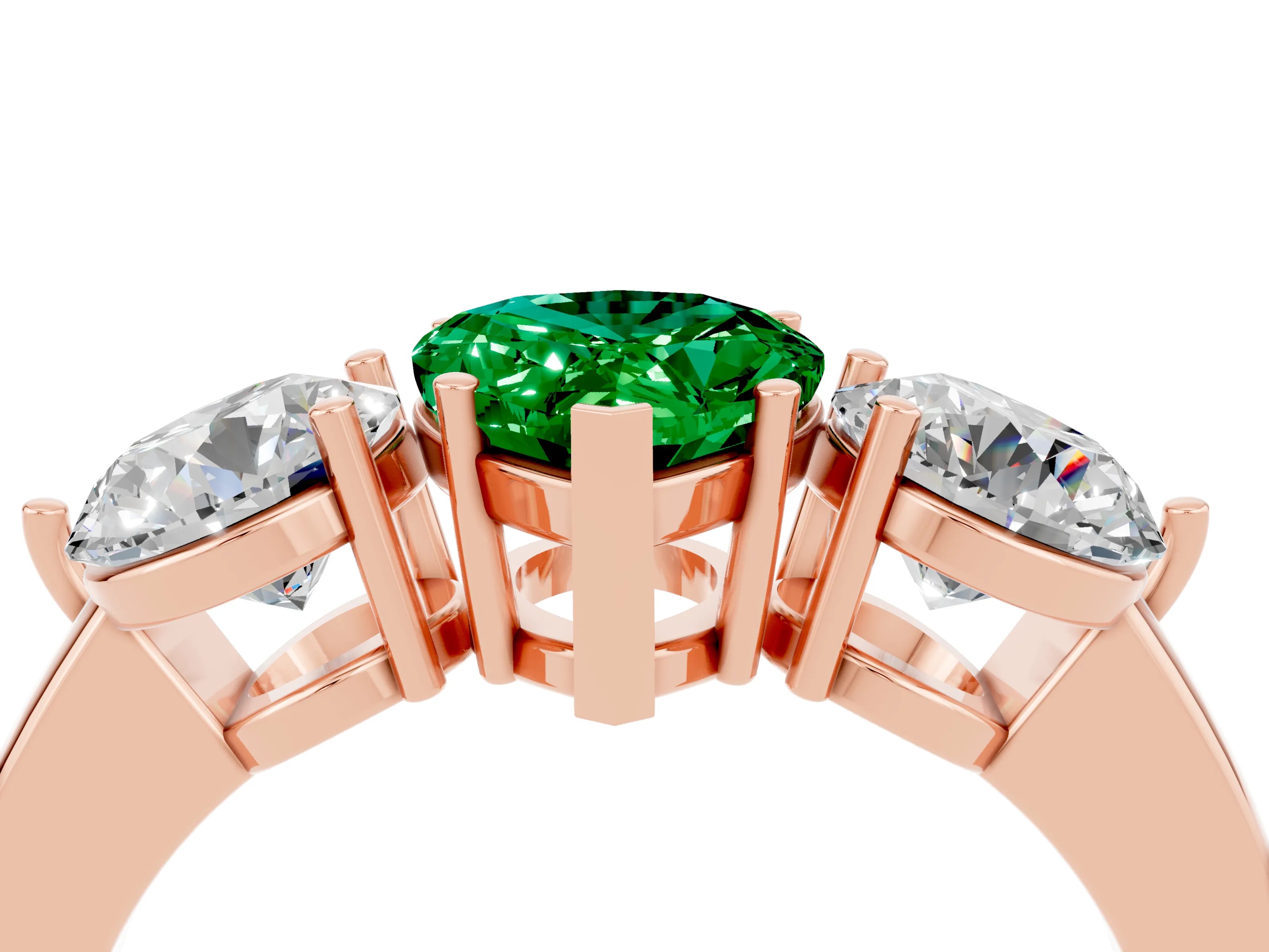 Rose gold Pear Cut Emerald Three-Stone Ring with Prong Setting and Classic Band_4