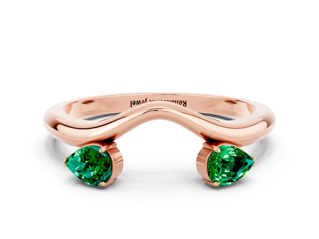 Rose gold Pear Cut Emerald Two-Stone Open Band Ring with Prong Setting_6