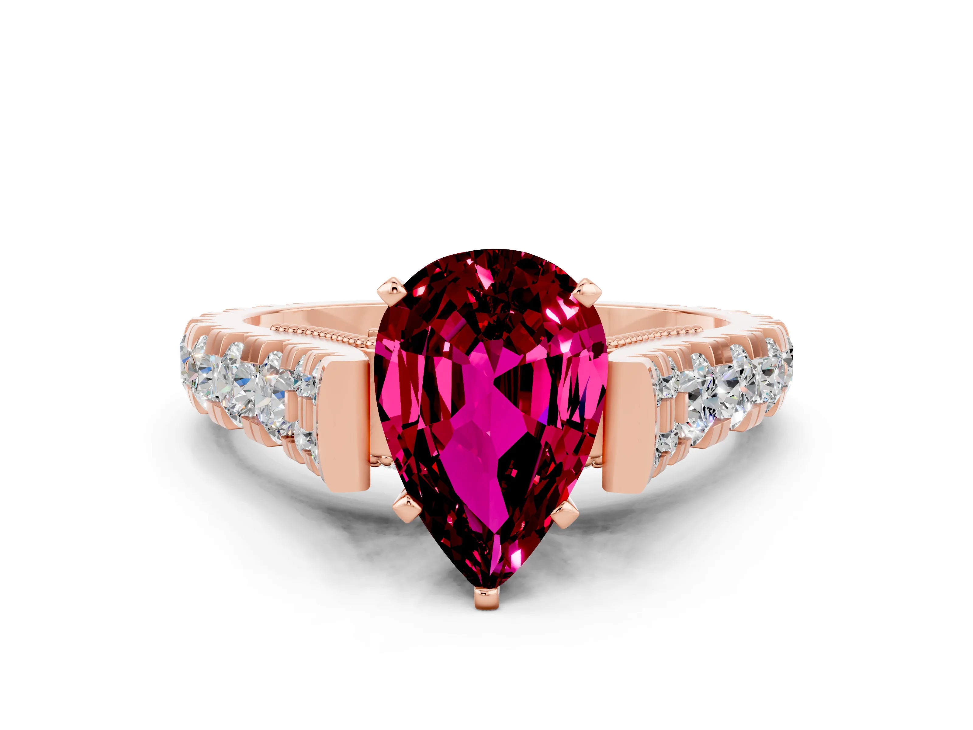 Rose gold Pear Cut Garnet Classic Solitaire Ring with Pavé Band and Four-Prong Setting