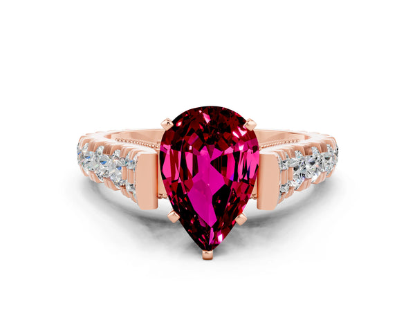 Rose gold Pear Cut Garnet Classic Solitaire Ring with Pavé Band and Four-Prong Setting