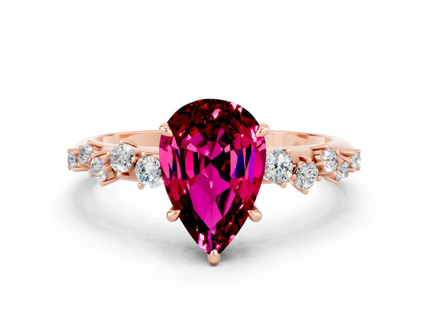 Rose gold Pear Cut Garnet Cluster Side Stone Solitaire Ring with Prong Setting