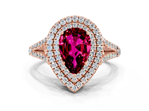 Rose gold Pear Cut Garnet Double Halo Ring with Pavé Band and Prong Setting_12