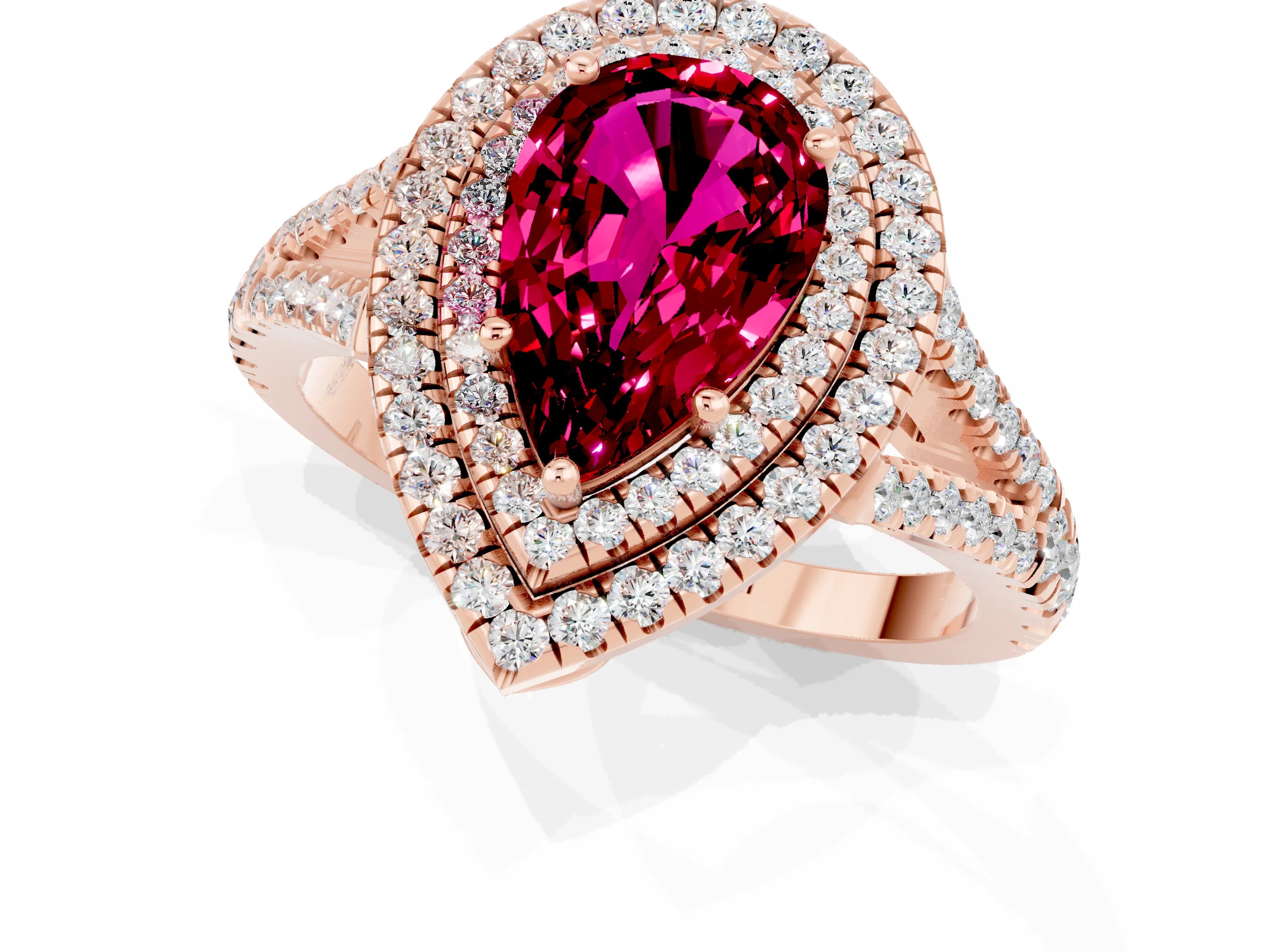 Rose gold Pear Cut Garnet Double Halo Ring with Pavé Band and Prong Setting_13