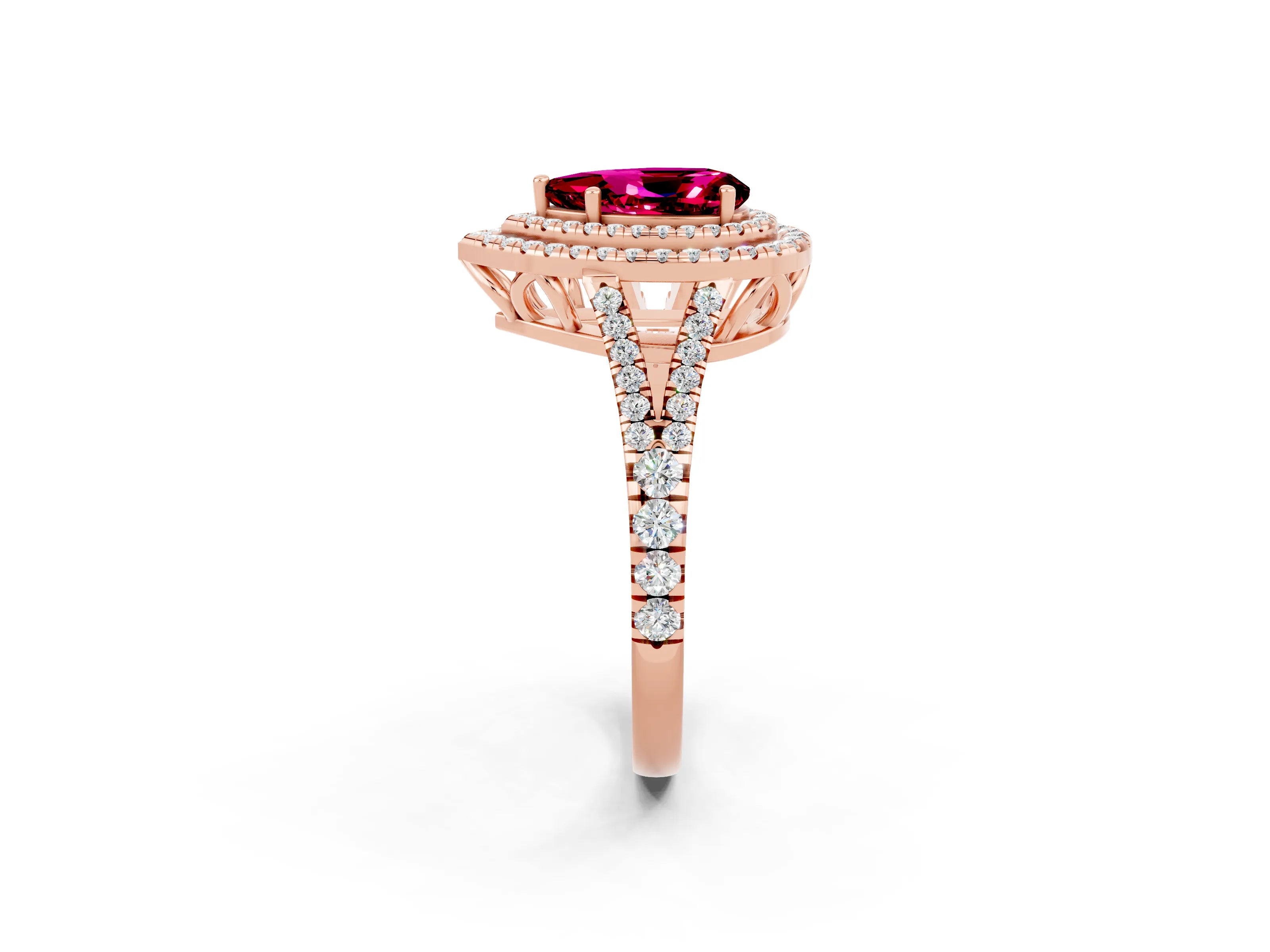 Rose gold Pear Cut Garnet Double Halo Ring with Pavé Band and Prong Setting_14