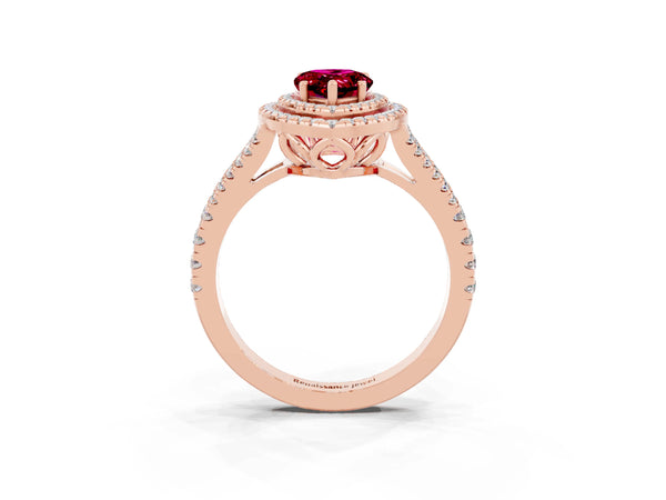 Rose gold Pear Cut Garnet Double Halo Ring with Pavé Band and Prong Setting