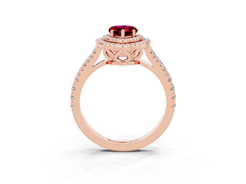 Rose gold Pear Cut Garnet Double Halo Ring with Pavé Band and Prong Setting_15