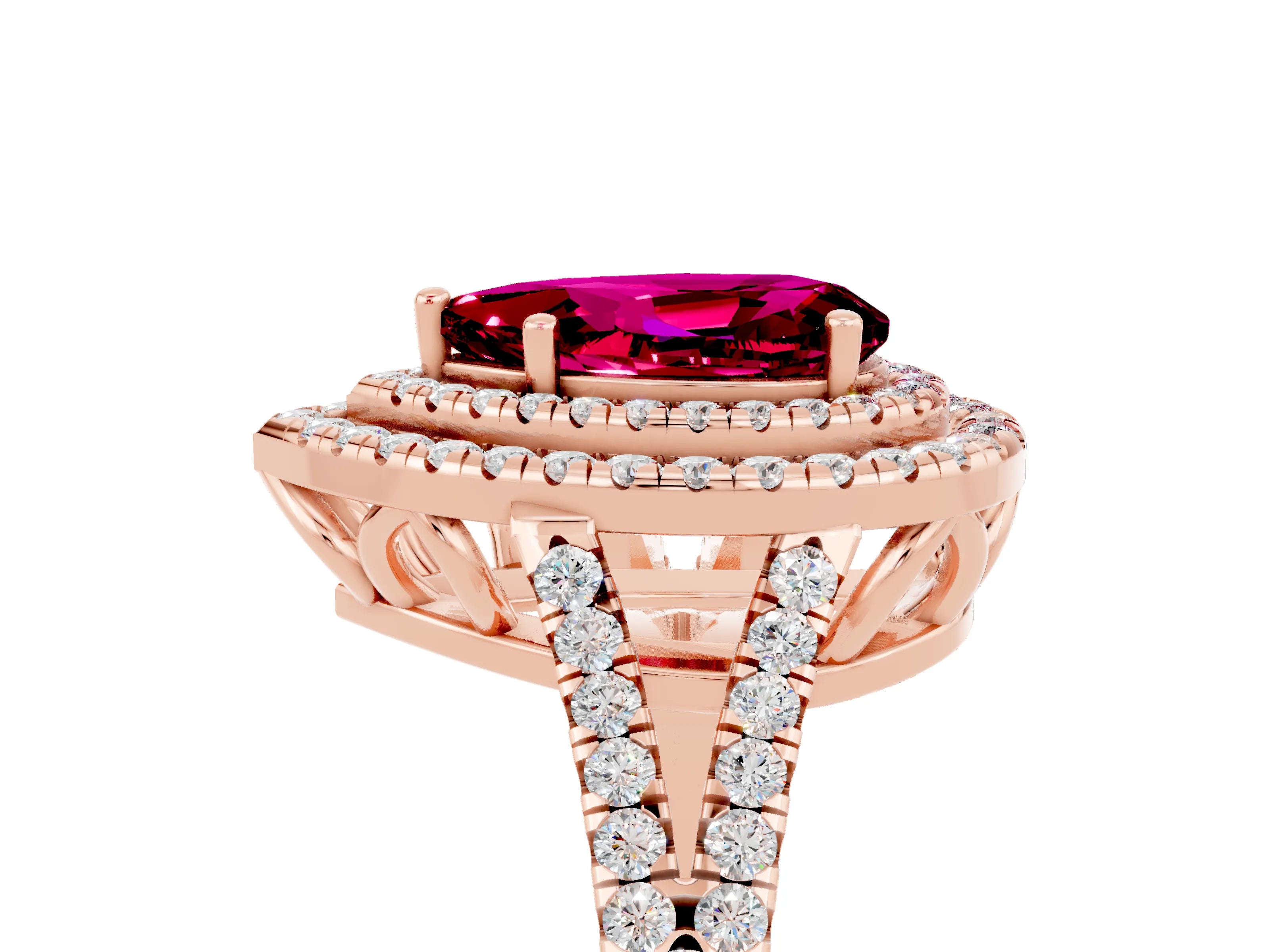 Rose gold Pear Cut Garnet Double Halo Ring with Pavé Band and Prong Setting_17