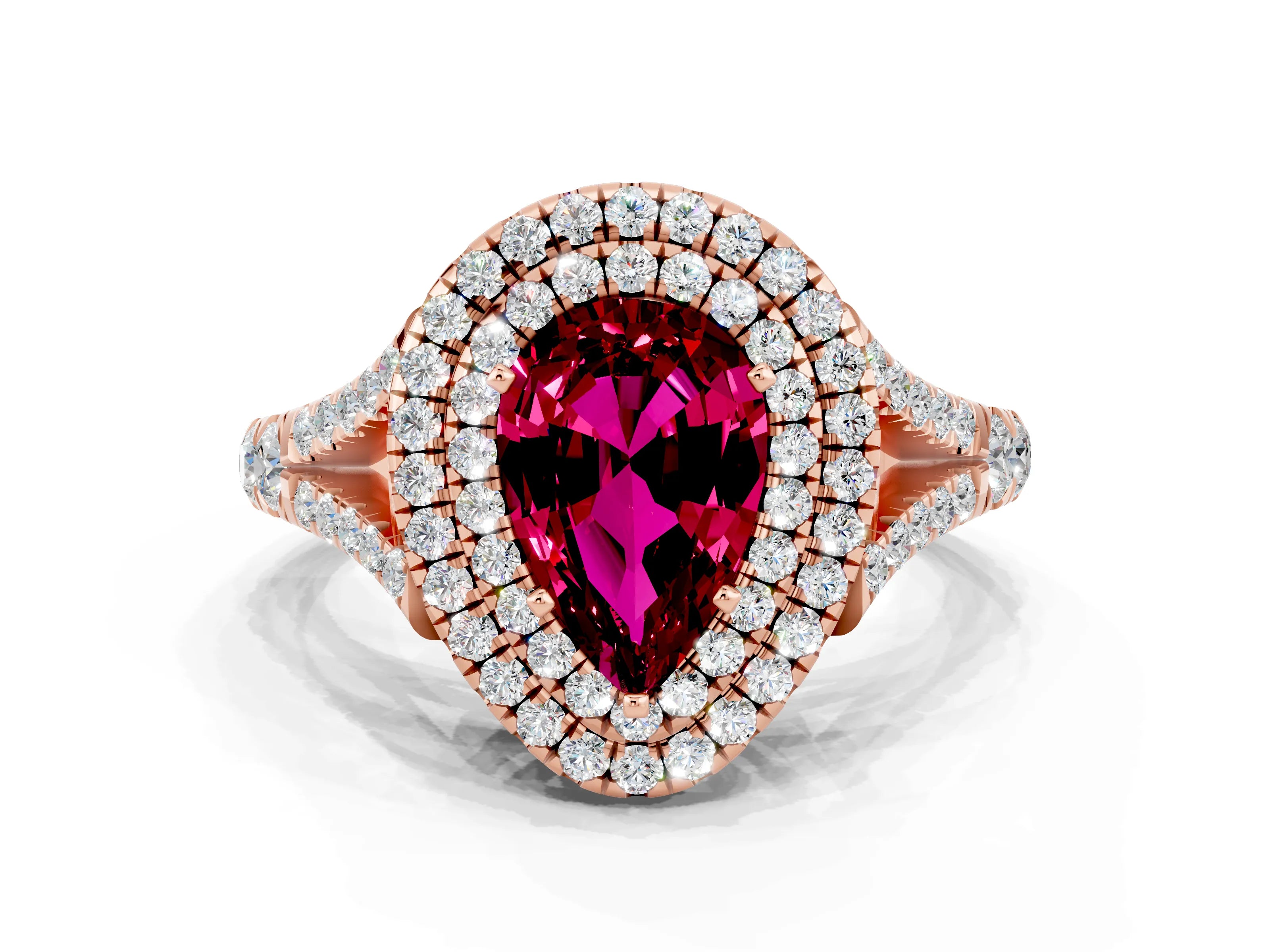 Rose gold Pear Cut Garnet Double Halo Ring with Split Shank and Prong Setting_12