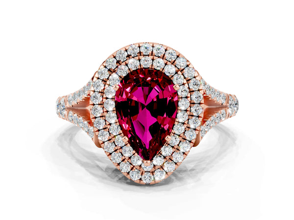 Rose gold Pear Cut Garnet Double Halo Ring with Split Shank and Prong Setting