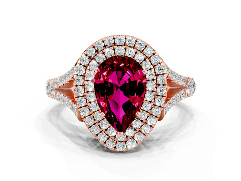 Rose gold Pear Cut Garnet Double Halo Ring with Split Shank and Prong Setting_12