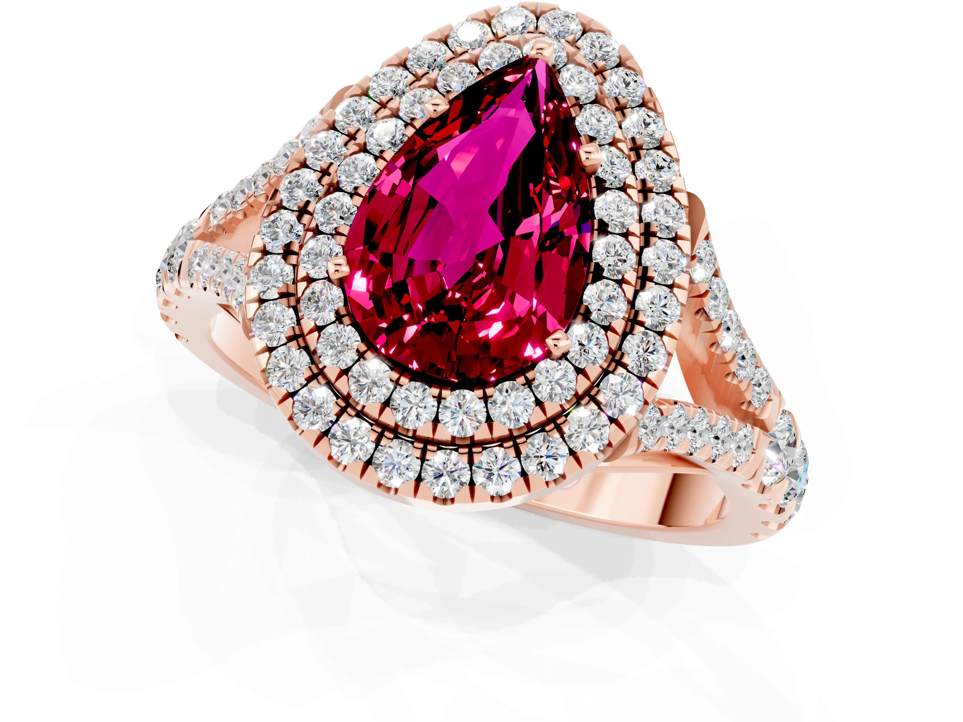 Rose gold Pear Cut Garnet Double Halo Ring with Split Shank and Prong Setting_13
