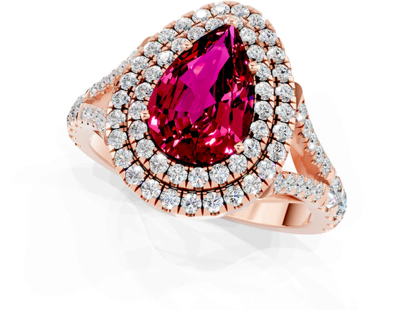 Rose gold Pear Cut Garnet Double Halo Ring with Split Shank and Prong Setting