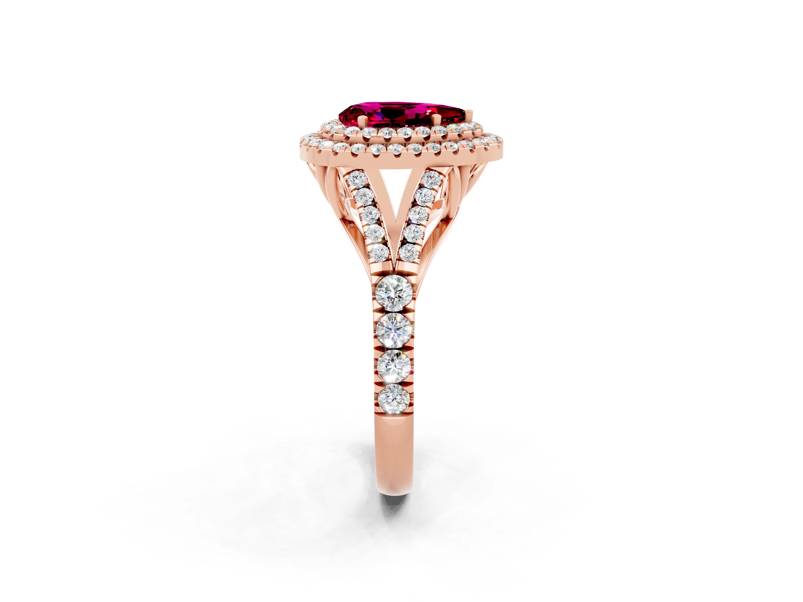 Rose gold Pear Cut Garnet Double Halo Ring with Split Shank and Prong Setting_14