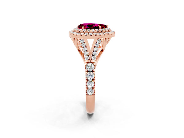 Rose gold Pear Cut Garnet Double Halo Ring with Split Shank and Prong Setting