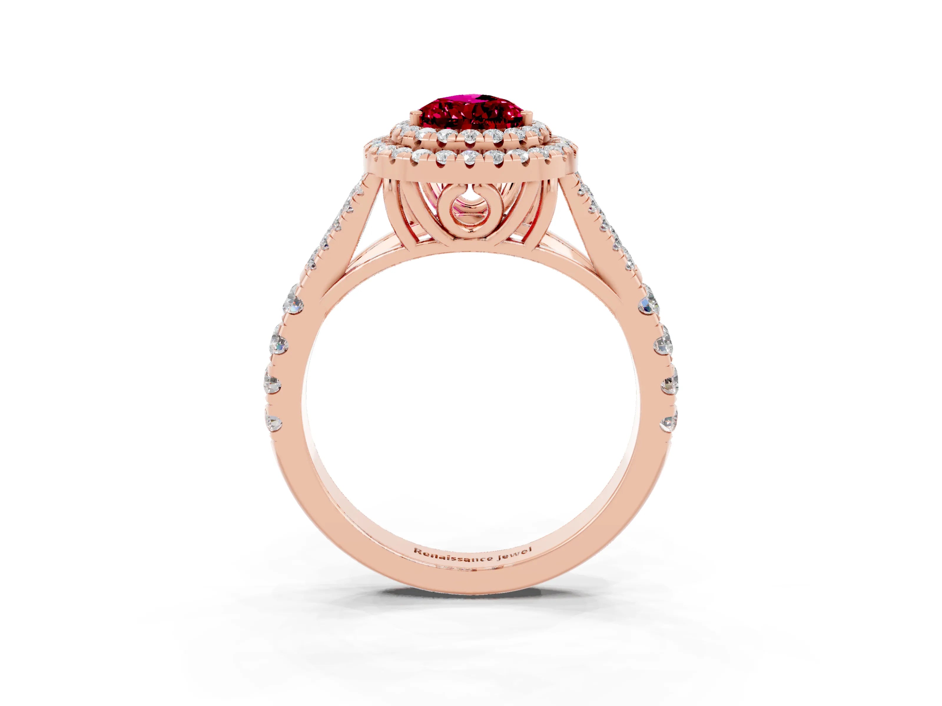 Rose gold Pear Cut Garnet Double Halo Ring with Split Shank and Prong Setting_15